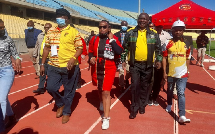 President Cyril Ramaphosa arrives at Cosatu's May Day rally at the Royal Bafokeng Sports Palace in the North West on 1 May 2022. Picture: @_cosatu/Twitter