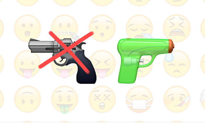 Apple Inc. is replacing the pistol emoji with a green water gun in the next version of its iPhone and iPad operating system. Picture: Screengrab