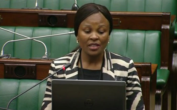A screengrab of Busisiwe Mkhwebane being interviewed in Parliament.