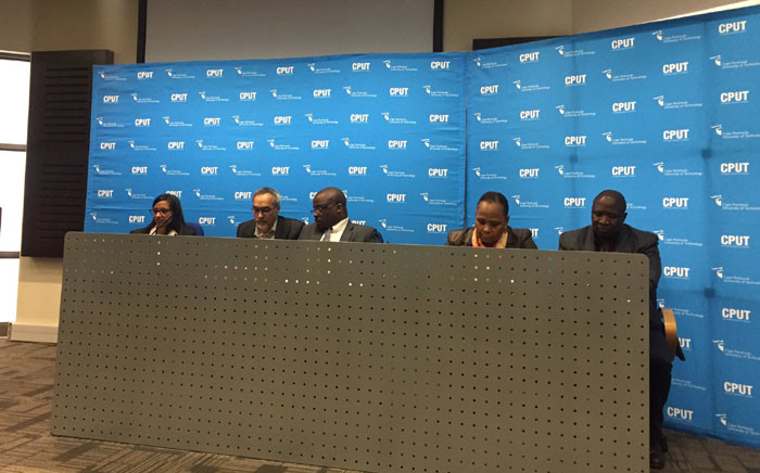 CPUT’s acting vice-chancellor Chris Nhlapo and his executives briefing the media on what he calls an unprecedented crisis at the institution. Picture: Ilze-Marie Le Roux/EWN.