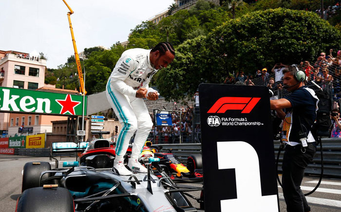 Mercedes driver Lewis Hamilton celebrates his pole position for the 2019 Monaco Grand Prix on 25 May 2019. Picture: @MercedesAMGF1/Twitter