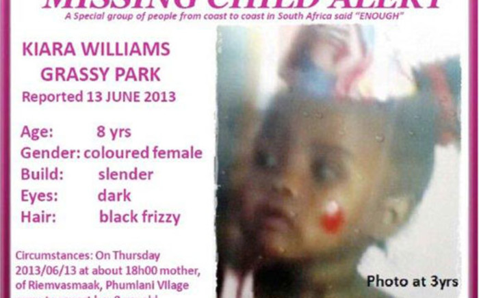 A picture by the Pink Ladies organisation for missing children shows eight-year-old Kiana Williams, who was reported missing on Thursday 13 June 2013. Picture: Supplied