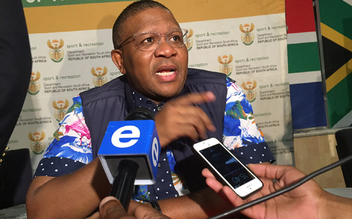 Sports and Recreation Minister Fikile Mbalula speaks to the media at Sascoc House. Picture: EWN.