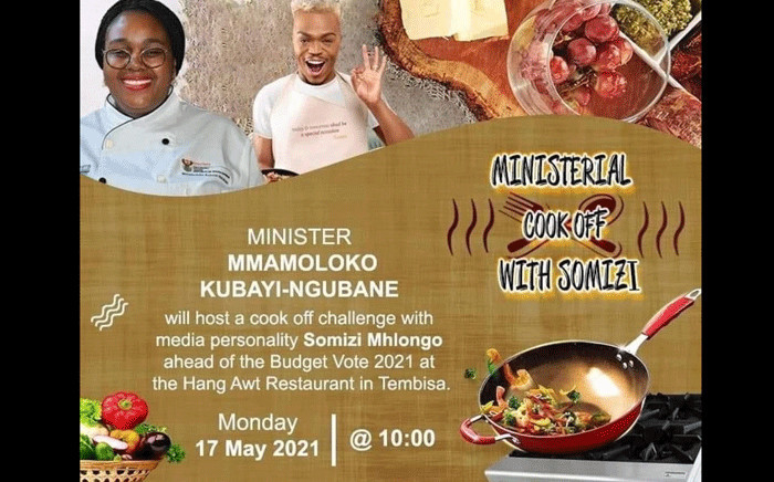 Minister of Tourism Mmamoloko Kubayi-Ngubane will be hosting a ministerial cook-off with Somizi Mhlongo. Picture: @mmKubayiNgubane/Twitter.