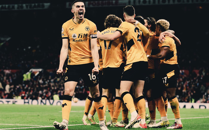 Wolves players celebrate their 1-0 win over Manchester United at Old Trafford on 3 January 2022. Picture: @Wolves/Twitter