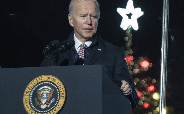 US President Joe Biden speaks as he and first lady Jill Biden attend the National Christmas Tree lighting ceremony held by the National Park Service at the Ellipse near the White House, on 2 December 2021 in Washington, DC. Picture: ANDREW CABALLERO-REYNOLDS/AFP