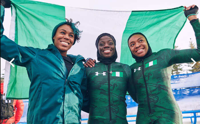 Nigeria's bobsled team: Seun Adigun, Ngozi Onwumere and Akuoma Omeoga. Picture: bsfnigeria/Instagram