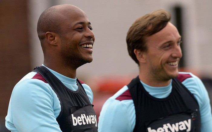 West Ham United players Ayew Andre, left, with Mark Noble during a training session. Picture: Twitter/@WestHamUtd.