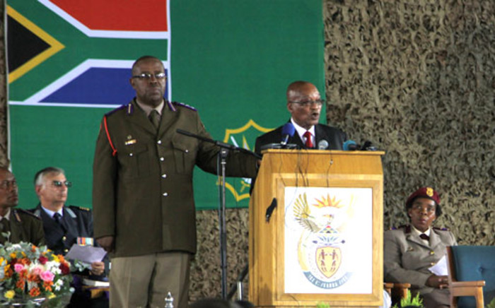 President Jacob Zuma addresses the memorial service at the Swartkop Air Force Base in Pretoria on 2 April, 2013 for the 13 SANDF soldiers killed in the CAR 2013. Picture: Sebabatso Mosamo/EWN