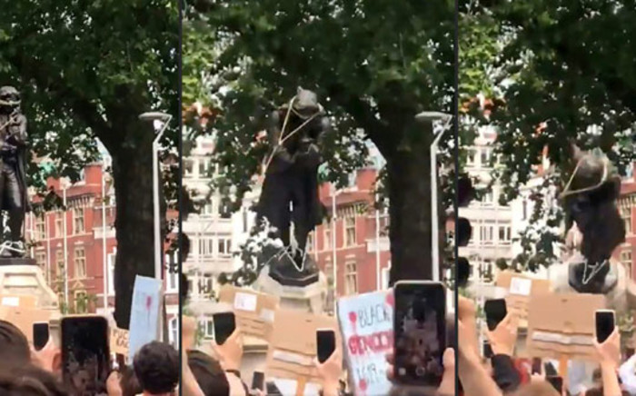 A combination image taken from a 7 June 2020, video courtesy of William Want (@willwantwrites) via Twitter, shows protesters pulling down a statue of slave trader Edward Colston in Bristol, south-west England, during a demonstration organised to show solidarity with the Black Lives Matter movement in the wake of the killing of George Floyd, an unarmed black man who died after a police officer knelt on his neck in Minneapolis. Picture: AFP