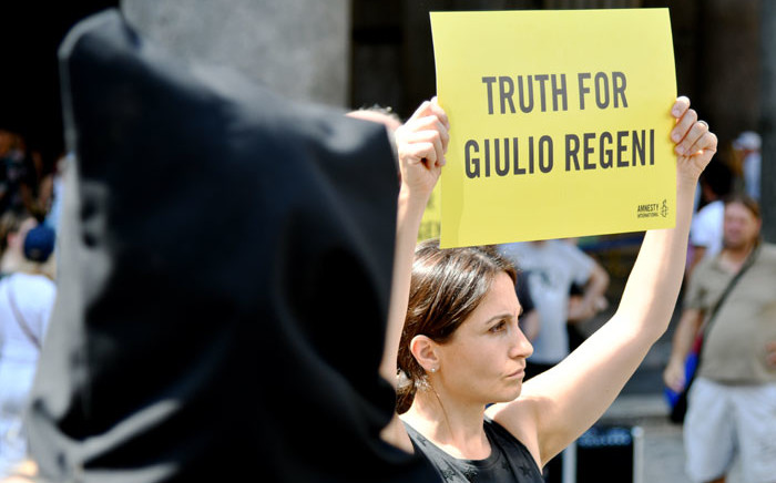 FILE: Amnesty International activists perform a flash mob on July 13, 2016, in Rome's Pantheon square to remember late Italian student Giulio Regeni and other victims following their last report. Picture: AFP