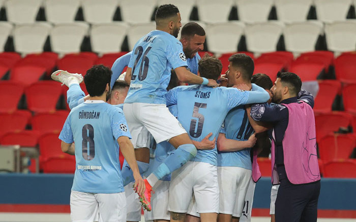 Manchester City players celebrate a goal against PSG in their UEFA Champions League semifinal first leg match in Paris on 28 April 2021. Picture: @ManCity/Twitter