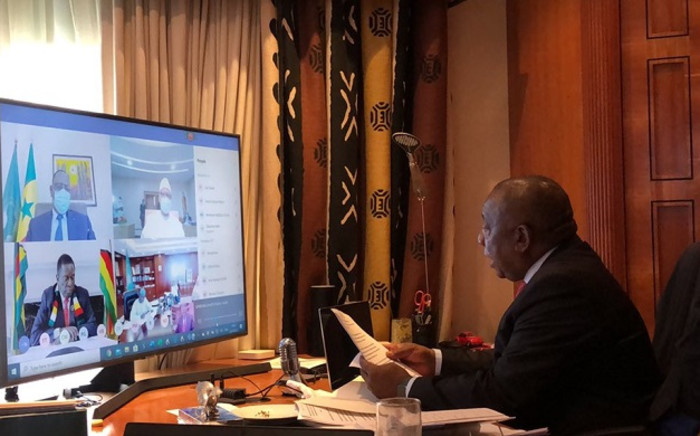 President Cyril Ramaphosa on 22 April 2020 hosted a virtual meeting of the AU Bureau of Heads of State & Government with African business leaders. Picture: @AUChair2020/Twitter.