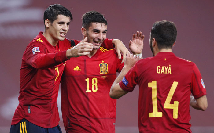 Spain's Alvaro Morata, Ferran Torres and Jose Gaya celebrate a goal against Germany in the UEFA Nations League match on 17 November 2020. Picture: @EURO2020/Twitter