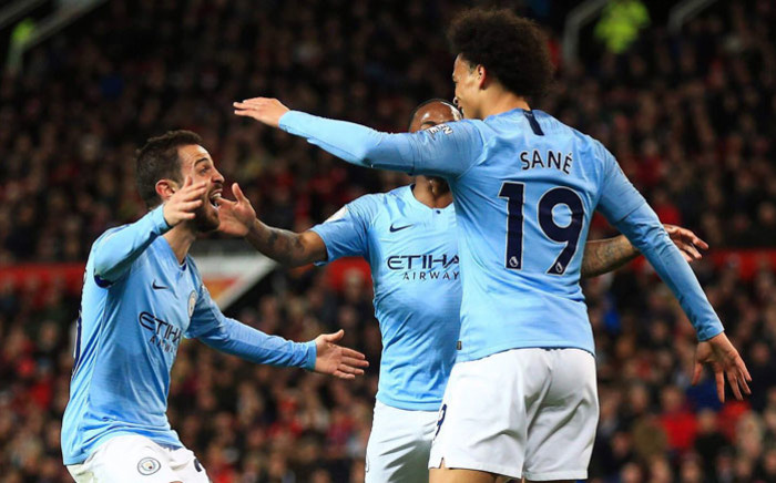 Leroy Sane celebrates his goal with his Manchester City teammates. Picture: @LeroySane19/Twitter