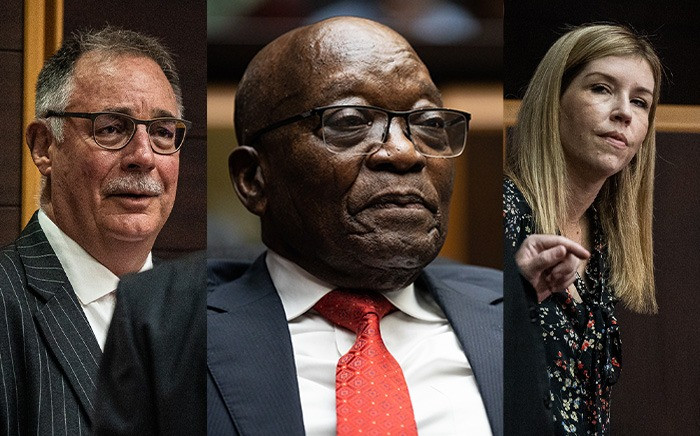 From left Advocate Billy Downer, former statesman Jacob Zuma and journalist Karyn Maughan. Picture: Rejoice Ndlovu, Xanderleigh Dookey Makhaza/Eyewitness News and AFP