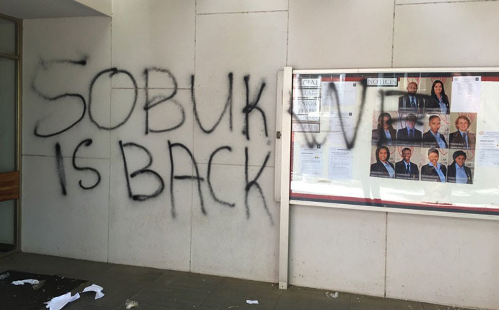 Students vandalised the law building, changing the name. Picture: Mia Lindeque/EWN.