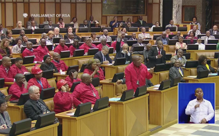 EFF MPs in Parliament during impeachment debate against President Jacob Zuma. Picture: Screengrab.