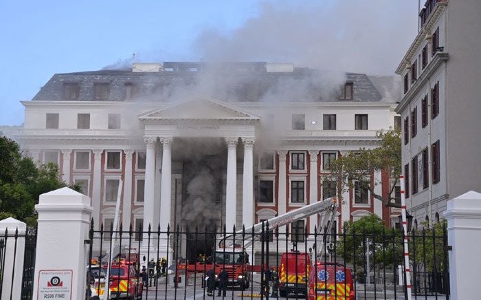 City of Cape Town firefighters extinguish a fire at the parliamentary precinct on 2 January 2022. Picture: JP Smith/City of Cape Town