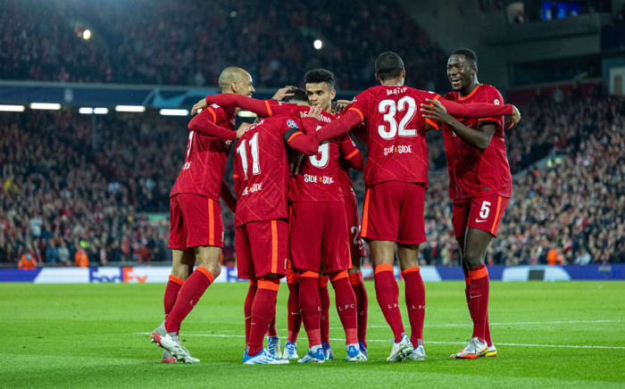 Liverpool players celebrate a goal during their 3-3 draw against Benfica in their Uefa Champions League quarterfinal second leg match at Anfield on 13 April 2022. Picture: @LFC/Twitter