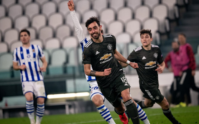 Manchester United's Bruno Fernandes celebrates scoring a goal against Real Sociedad during their Uefa Europa League match on 18 February 2021. Picture: @ManUtd/Twitter