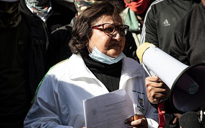 ANC deputy secretary-general Jessie Duarte addresses ANC staffers picketing outside the party's headquarters of Luthuli House in Johannesburg on 15 June 2021 over unpaid salaries. Picture: Xanderleigh Dookey Makhaza/Eyewitness News