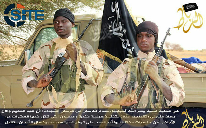 An image released on 7 December, 2015 by Al-Ribat Media Foundation, the media unit of the Mali-based jihadist organisation al-Murabitoon allegedly shows a picture of Abdul Hakim and Muadh al-Fulani, two fighters involved in the Radisson Blu Hotel attack in Bamako. Picture: AFP.