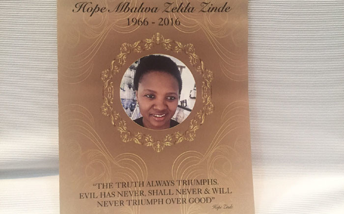 FILE: A memorial service was held for Hope Zinde. Picture: Kgothatso Mogale/EWN.