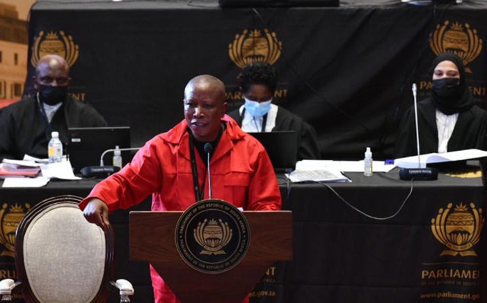 EFF leader Julius Malema makes a point during the State of the Nation Address debate in Parliament on 14 February 2022. Picture: @ParliamentofRSA/Twitter