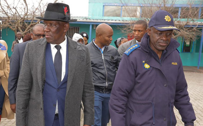 FILE: Police Minister Bheki Cele and National Police Commissioner General Khehla Sitole during a visit to Philippi East, Cape Town on 8 July 2019. Picture: @SAPoliceService/Twitter