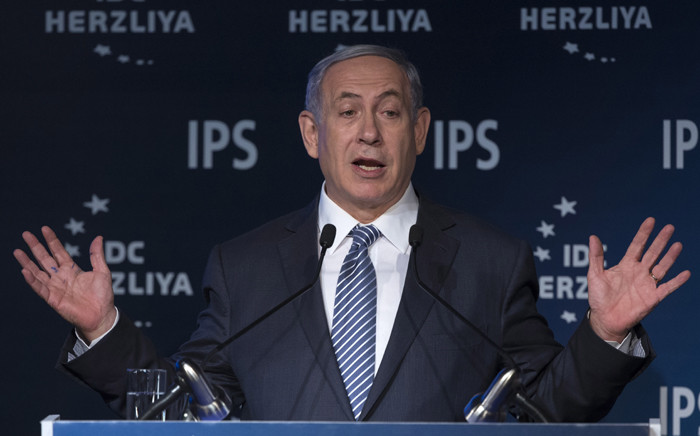Israeli Prime Minister Benjamin Netanyahu delivers a speech during the 15th Herzliya Conference titled Israel in a turbulent Middle East at the Lauder School of Government Diplomacy and Strategy in the Israeli coastal city of Herzliya, north of Tel Aviv, on 9 June, 2015. Picture: AFP.
