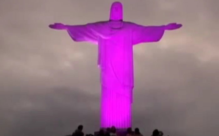 A screengrab of Brazil’s Christ the Redeemer statue, that was lit in pink to commemorate Breast Cancer Awareness Month in October. Picture: Youtube via euronews.