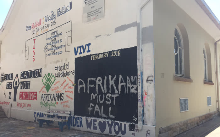 Afrikaans Must Fall' scrawled across a wall at the University of Pretoria amid protests over its language policy. Picture: Christa Eybers/EWN