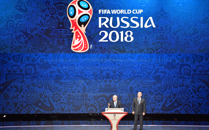 Outgoing FIFA president Sepp Blatter (L) delivers a speech next to Russian President Vladimir Putin ahead of the preliminary draw for the 2018 World Cup qualifiers at the Konstantin Palace in Saint Petersburg on 25 July 2015. Picture: AFP "