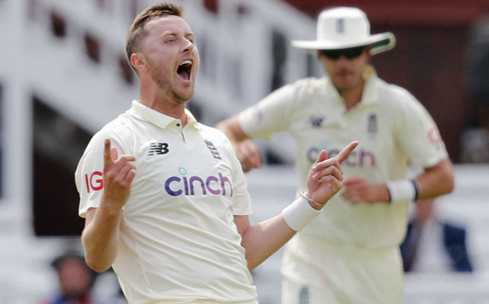 England's Ollie Robinson celebrates taking the wicket of New Zealand's Ross Taylor out for 14 runs on the first day of the first Test cricket match between England and New Zealand at Lord's Cricket Ground in London on 2 June 2021. Picture: Adrian Dennis/AFP