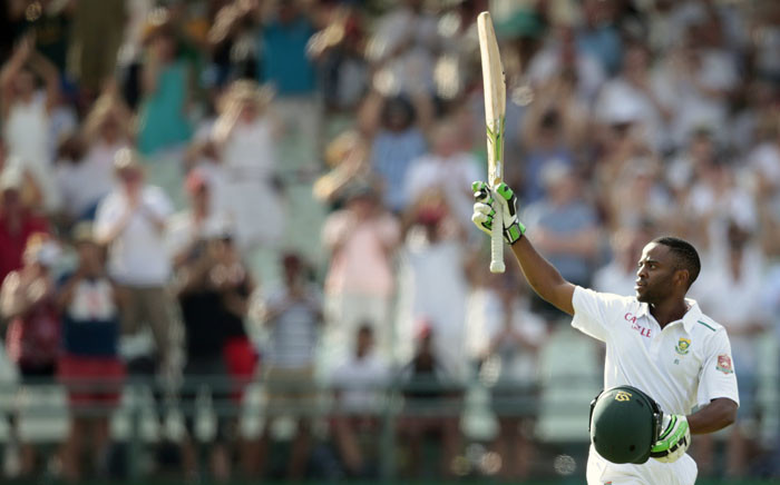 South African batsman Temba Bavuma celebrates after scoring a century (100 runs) during day 4 of the second Test match between England and South Africa at the Newlands stadium on January 5, 2016 in Cape Town, South Africa. Picture: AFP