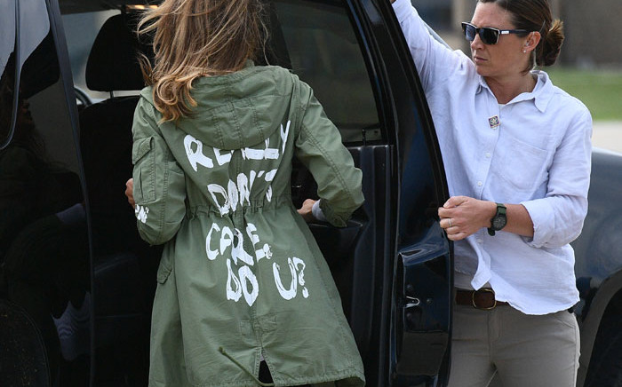 US First Lady Melania Trump departs Andrews Air Rorce Base in Maryland 21 June 2018 wearing a jacket emblazoned with the words 'I really don't care, do you?' following her surprise visit with child migrants on the US-Mexico border. Picture: AFP