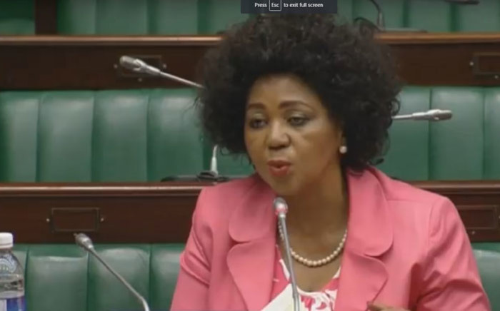 A screengrab of former SABC board chairperson Ellen Tshabalala answering questions in Parliament.