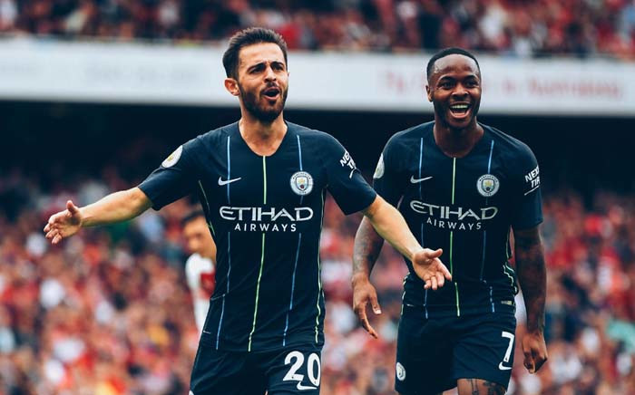 Bernardo Silva and Raheem Sterling celebrate Manchester City’s second goal against Arsenal in their opening games of the new campaign. Picture: @ManCity/Twitter.