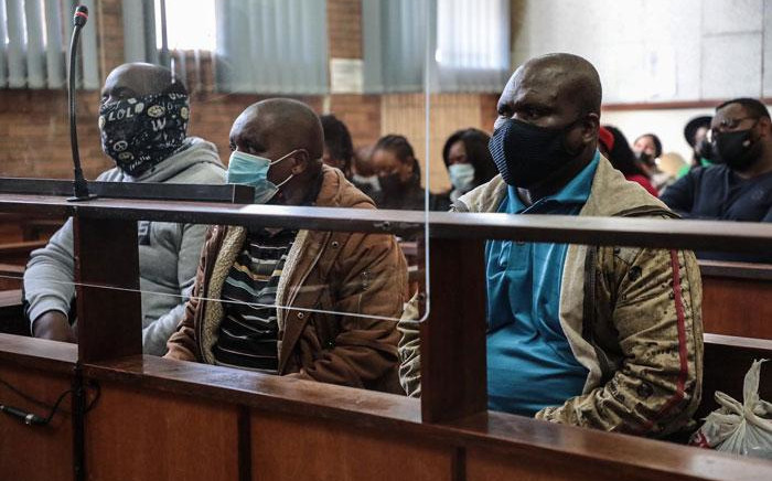 From left to right: Sipho Mkhatshwa, Philemon Lukhele & Albert Gama appeared in the Nelspruit Magistrates Court on 9 June 2022 in connection with the murder of Hillary Gardee. Picture: Abigail Javier/Eyewitness News