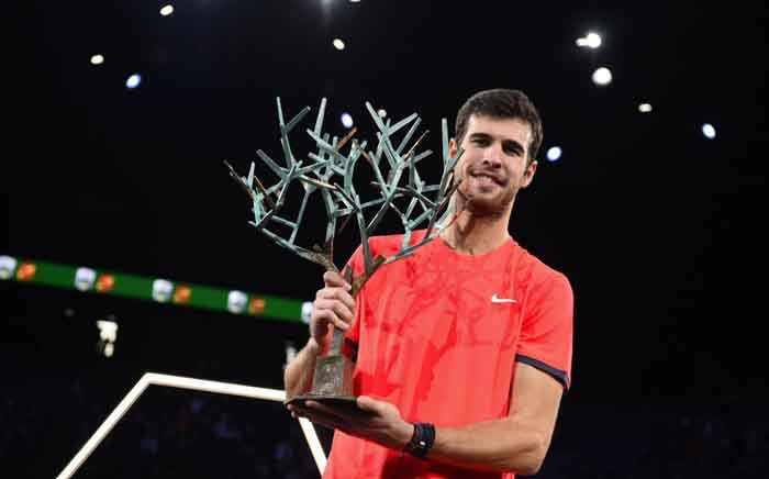 Russia’s Karen Khachanov holding his trophy after beating Novak Djokovic to claim the Paris Masters title. Picture: @RolexPMasters/Twitter.
