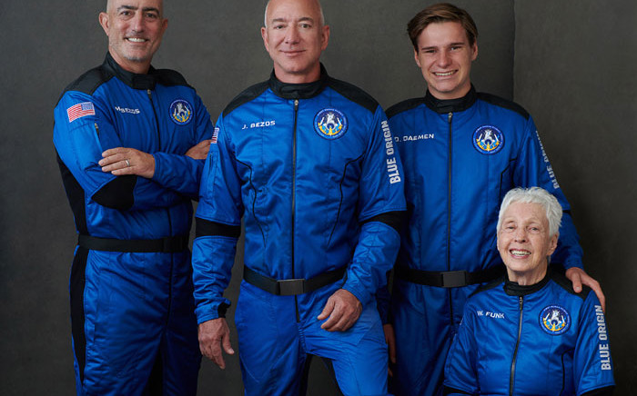 From left, Mark Bezos, Jeff Bezos, Oliver Daemen and Wally Funk flew into space on Blue Origin's New Shepard flight on 20 July 2021. Picture: @blueorigin/Twitter