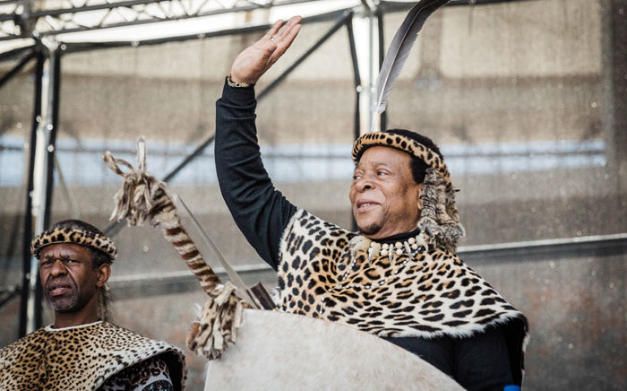 FILE: Zulu King Goodwill Zwelithini greets his supporters at The Moses Mabhida Football Stadium in Durban on 7 October 2018. Picture: AFP