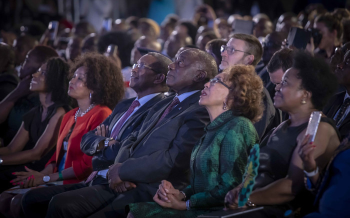 President Cyril Ramaphosa and his wife watch the results on the board above. Picture: Thomas Holder/EWN.