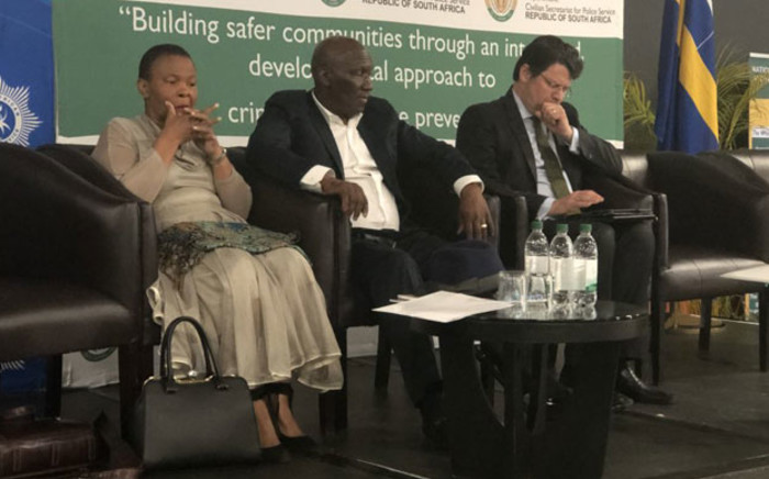 Police Minister Bheki Cele joined by Minister of Social Development Susan Shabangu (left) and CoGTA Deputy Minister Andries Nel (right) at the National Crime Summit in Boksburg on 13 September 2018. Picture: @SAgovnews/Twitter