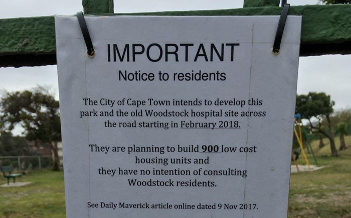 A flyer has been doing the rounds on social media, calling on residents to 'make their voices' regarding the City of Cape Town's plan to develop social housing units on the old Woodstock hospital grounds and a park in Golders Green road. Picture: Monique Mortlock/EWN