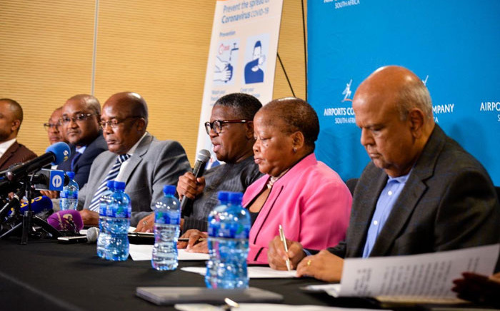 Ministers, their deputies and DGs at an inter-ministerial briefing on 17 March 2020 on the measures being implemented to contain the spread of the coronavirus. Picture: @MbalulaFikile/Twitter