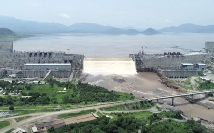 This frame grab from a video obtained from the Ethiopian Public Broadcaster (EBC) on 24 July 2020 shows an aerial view of water levels at the Grand Ethiopian Renaissance Dam in Guba, Ethiopia. Picture: AFP