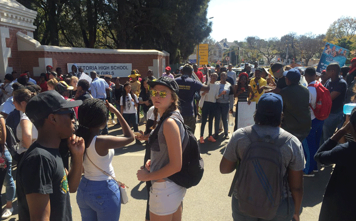 Parents and University students gathered outside Pretoria High School for Girls on 29 August. Picture: Kgothatso Mogale