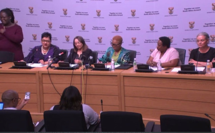 From left Western Cape Social Development MEC Sharna Fernandez, Public Works and Infrastructure Minister Patricia de Lille and Social Development Minister Lindiwe Zulu make an announcement on the fight against gender-based violence on 4 March 2020. Picture: @DepartmentPWI/Twitter